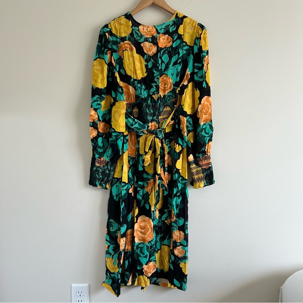 Anthropologie Floral Tie Back Midi Dress Green Long Sleeve V-Neck - Picture 7 of 9